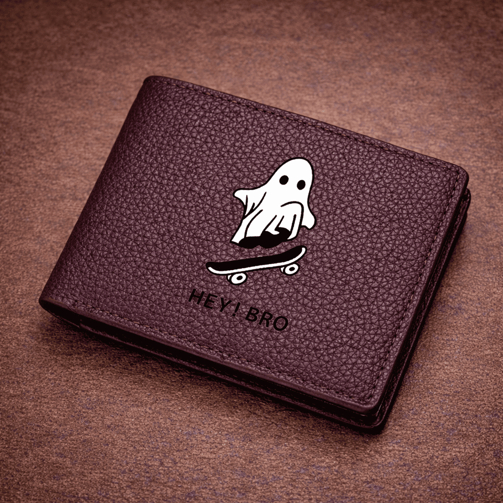 Portefeuille marron foncé en cuir avec motif fantôme skateboard HEY ! BRO | Novaleor
