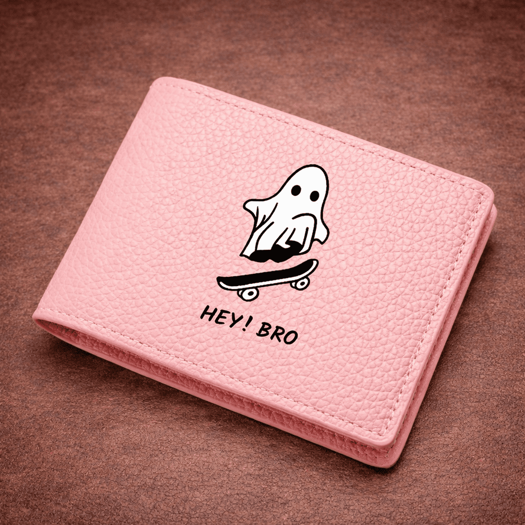 Portefeuille rose en cuir avec motif fantôme skateboard HEY ! BRO | Novaleor