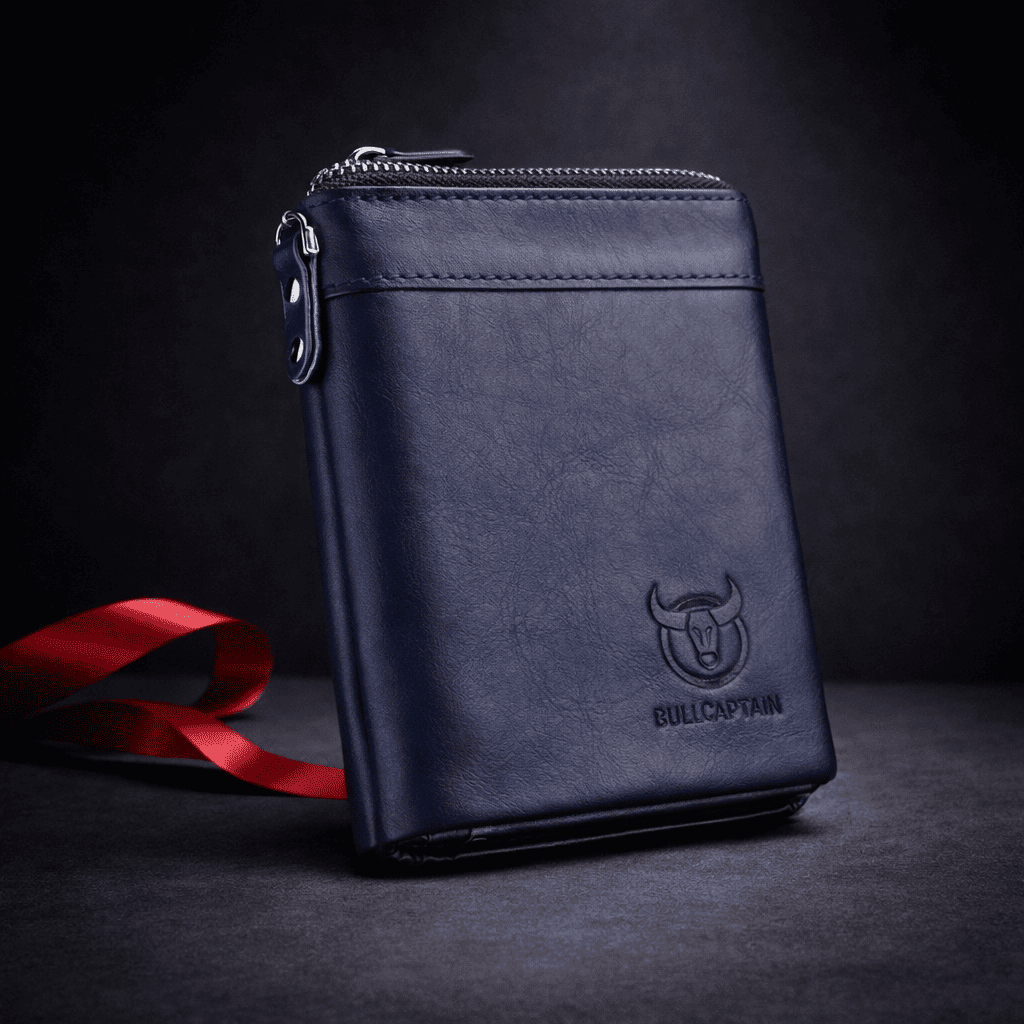 Portefeuille homme en cuir bleu fermé avec fermeture éclair, design compact | Novaleor