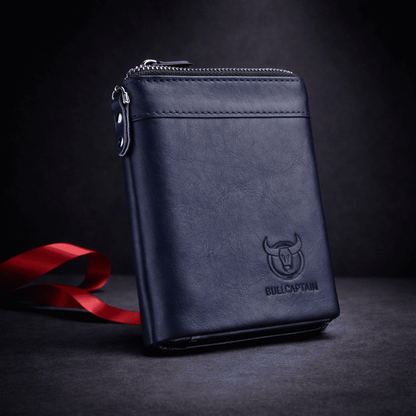 Portefeuille homme en cuir bleu fermé avec fermeture éclair, design compact | Novaleor