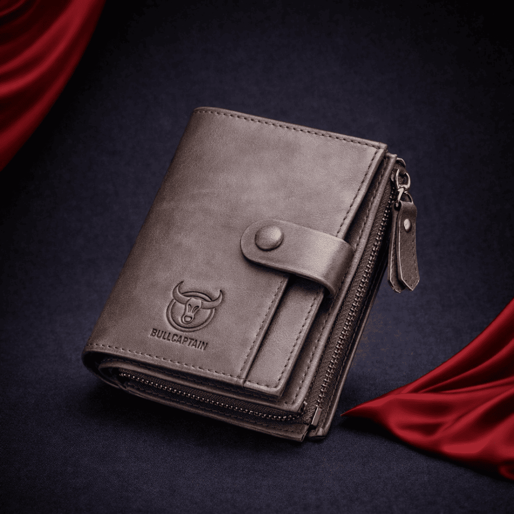 Portefeuille homme en cuir gris BullCaptain avec bouton pression et fermeture zippée | Novaleor