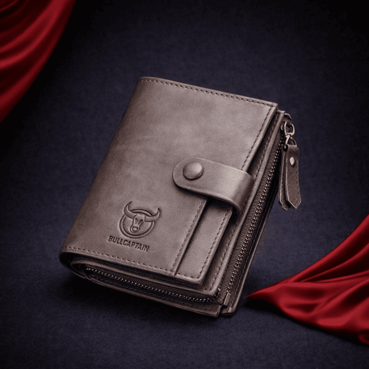 Portefeuille homme en cuir gris BullCaptain avec bouton pression et fermeture zippée | Novaleor