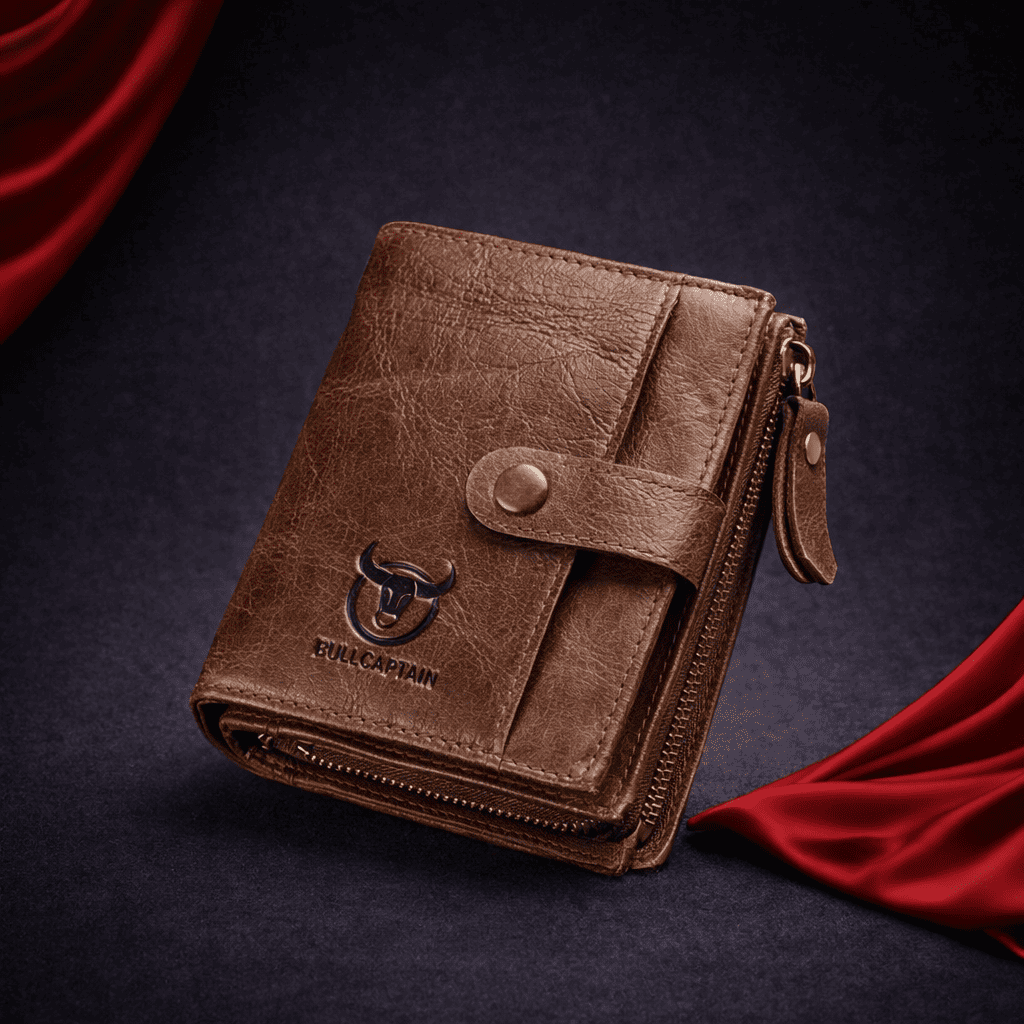 Portefeuille homme en cuir marron BullCaptain avec bouton pression et compartiment zippé | Novaleor