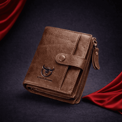 Portefeuille homme en cuir marron BullCaptain avec bouton pression et compartiment zippé | Novaleor