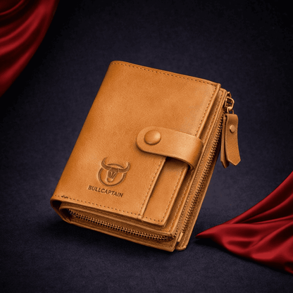 Portefeuille homme en cuir marron clair BullCaptain avec bouton pression et fermeture zippée | Novaleor