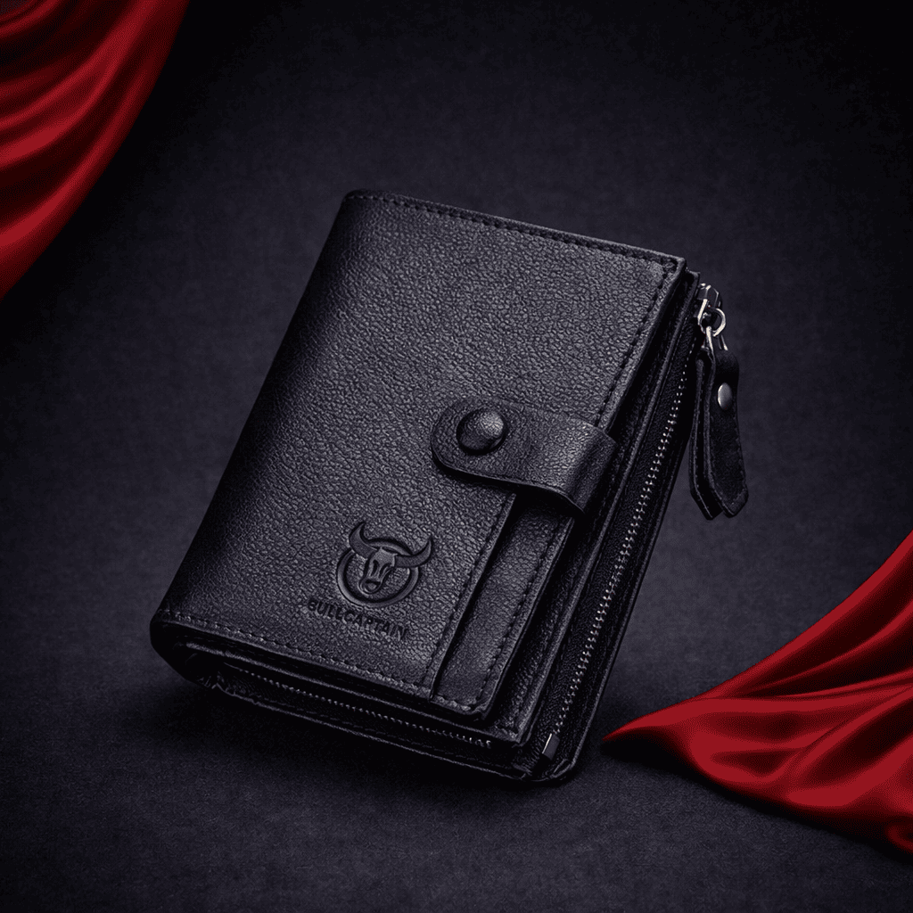 Portefeuille homme en cuir noir BullCaptain avec bouton pression et compartiment zippé | Novaleor