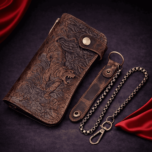 Portefeuille homme en cuir gravé motif tigre avec chaîne métallique, style vintage | Novaleor