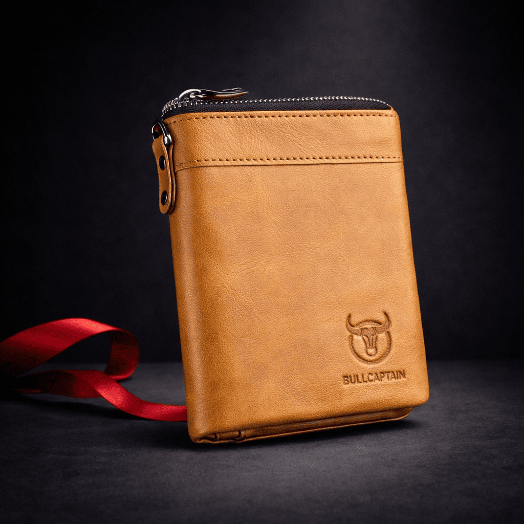 Portefeuille homme en cuir marron clair fermé, style élégant et minimaliste | Novaleor