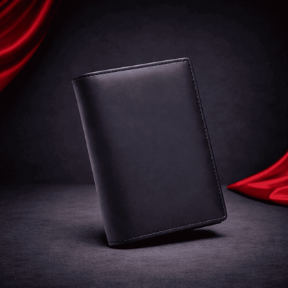 Portefeuille homme en cuir noir RFID, vue extérieure fermé sur fond sombre premium | Novaleor