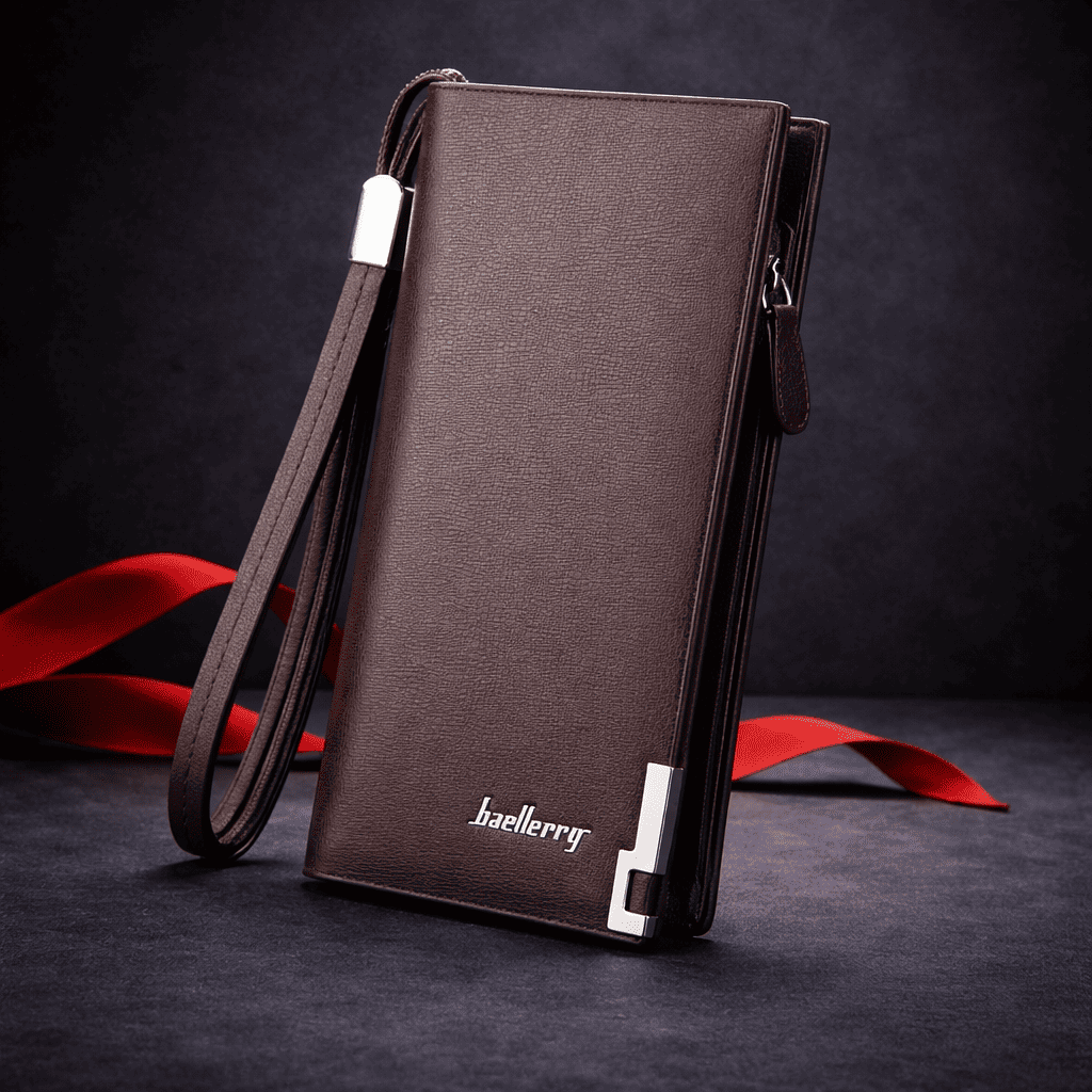 Portefeuille homme long en cuir bordeaux avec dragonne et finition premium | Novaleor