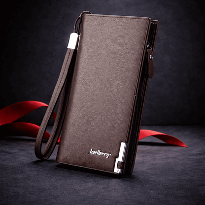 Portefeuille homme long en cuir marron avec dragonne et fermeture zippée | Novaleor