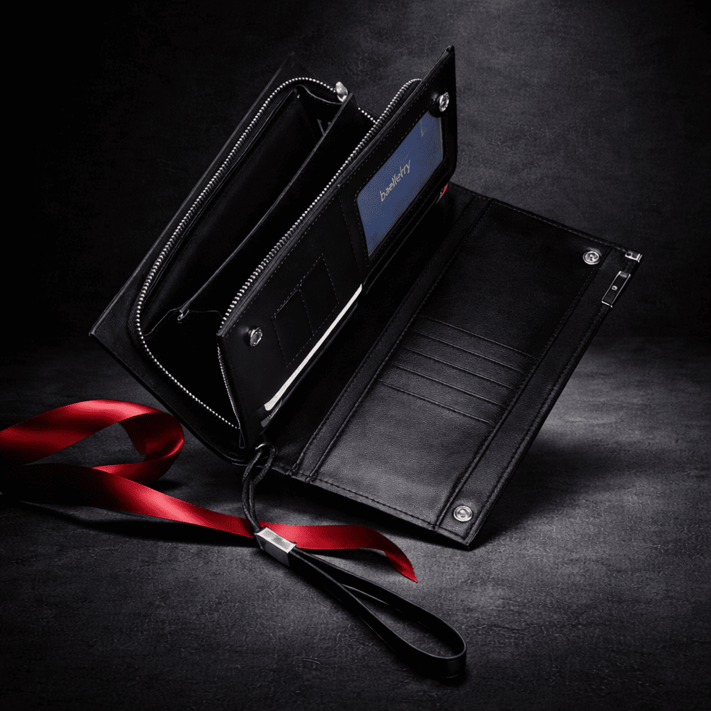 Portefeuille homme long ouvert en cuir noir avec compartiments zippés et emplacements cartes | Novaleor