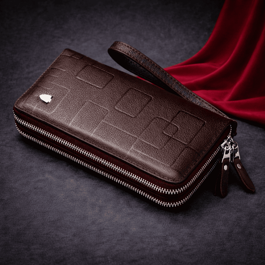 Portefeuille homme long zippé en cuir marron avec dragonne élégante | Novaleor