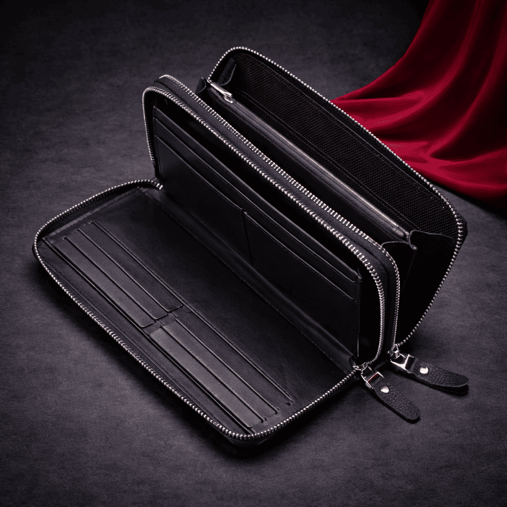 Portefeuille homme long zippé en cuir noir ouvert avec compartiments et rangements cartes | Novaleor