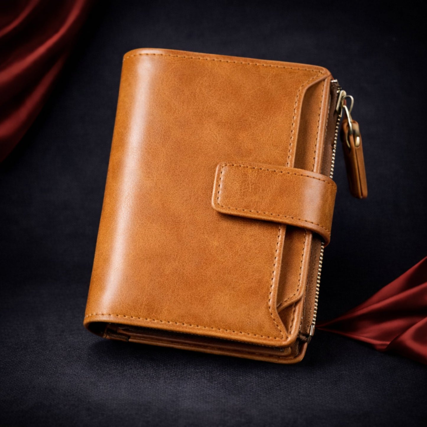 Portefeuille homme camel en cuir PU avec bouton et zip – Novaleor