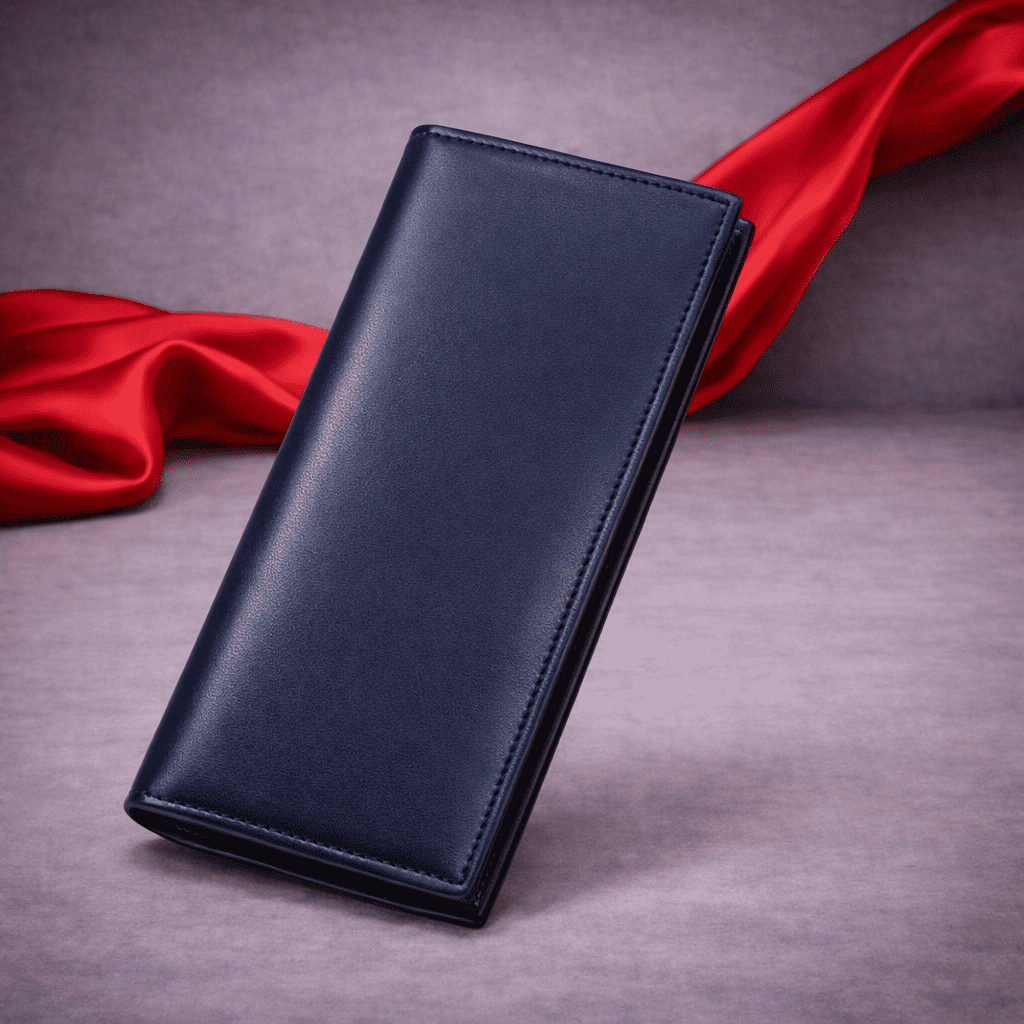 Portefeuille long en cuir bleu marine fermé posé sur fond gris avec voile rouge | Novaleor