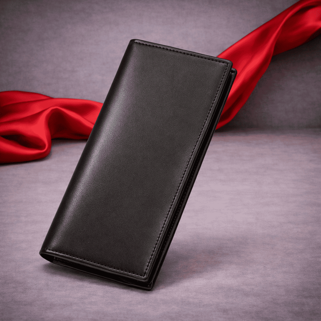 Portefeuille long en cuir noir fermé posé sur fond gris avec voile rouge | Novaleor