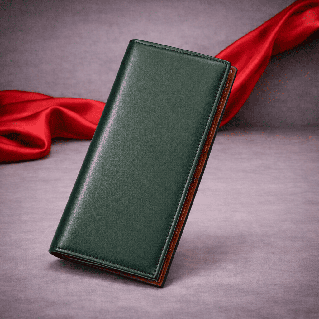 Portefeuille long en cuir vert fermé posé sur fond gris avec voile rouge | Novaleor