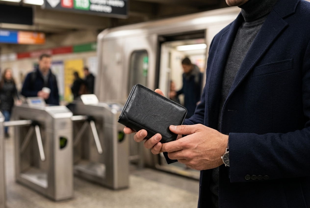 Portefeuille homme cuir véritable RFID noir Théon tenu dans le métro par des mains masculines — Novaleor